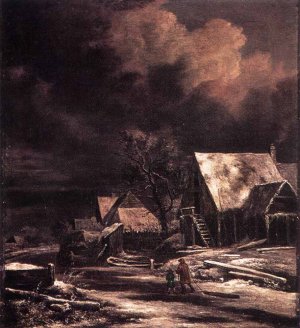 Village at Winter at Moonlight by Jacob Van Ruisdael Oil Painting