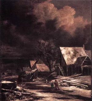 Village at Winter at Moonlight by Jacob Van Ruisdael - Oil Painting Reproduction