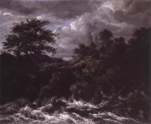 Waterfall by a Church by Jacob Van Ruisdael - Oil Painting Reproduction