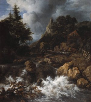Waterfall with a Half-Timbered House and Castle by Jacob Van Ruisdael Oil Painting