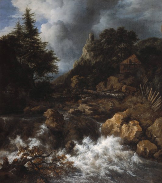 Main Product Photo of Waterfall with a Half-Timbered House and Castle  Painting by Jacob Van Ruisdael