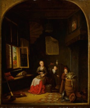 Interior of a kitchen with a seated woman peeling onions, a child hiding behind her, and a child holding a cabbage on a barrel by Jacob Van Spreeuwen Oil Painting