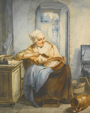 Interior With An Old Lady Preparing Food by Jacob Van Strij Oil Painting