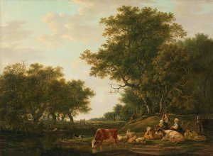 Landscape with Peasants with their Cattle and Anglers on the Water by Jacob Van Strij Oil Painting