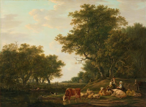Landscape with Peasants with their Cattle and Anglers on the Water  by Jacob Van Strij - Hand-Painted Oil Painting Reproduction