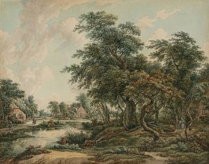 Paysage arbore avec figures et maisons au bord du rivage Oil painting by Jacob Van Strij