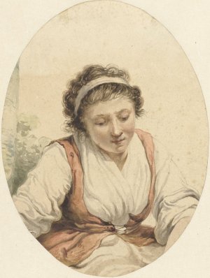 Vrouw met rood vest en wit lint in het haar by Jacob Van Strij Oil Painting