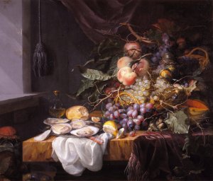 Still Life with fruit and oysters by Jacob Van Walscapelle Oil Painting