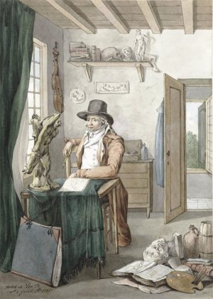 Portret van de kunstenaar Jacob Smies in een atelier met kunstvoorwerpen Oil painting by Jacob Willemz De Vos