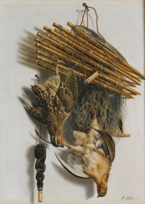 A Trompe L'oeil Still Life With Two Quails, A Bird-Net And A Whistle by Jacobus Biltius Oil Painting