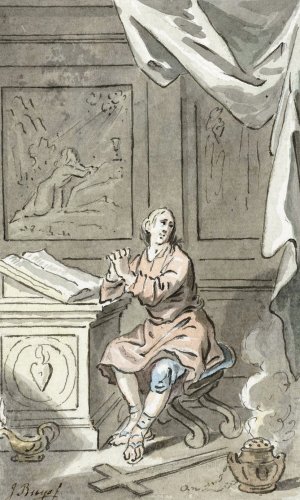 Zittende man met gevouwen handen, achter een bijbel by Jacobus Buys Oil Painting