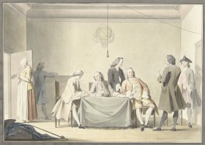 Zitting van Commissarissen tot ontvangst der Liberale Gifte, of 50ste penning, 12 september 1747 by Jacobus Buys Oil Painting