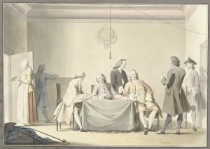 Zitting van Commissarissen tot ontvangst der Liberale Gifte, of 50ste penning, 12 september 1747 by Jacobus Buys Oil Painting
