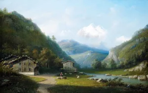 Flusslandschaft im Gebirge mit Blick auf das Mont-Blanc-Massiv Oil painting by Jacobus Hendricus Johannes Noteboom