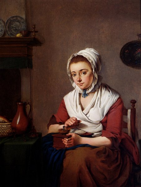 A Maid Grinding Coffee by Jacobus Johannes Lauwers - Hand-Painted Oil Painting Reproduction
