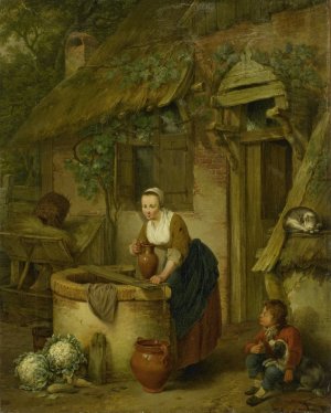 Woman Drawing Water from a Well by Jacobus Johannes Lauwers Oil Painting