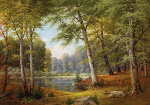 Rotwild am Waldteich Oil painting by Jacobus Johannes Van Poorten