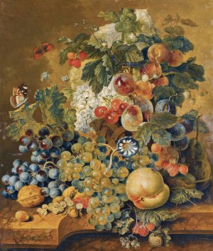 A Still Life With A Basket Of Fruit, Nuts And Flowers On A Stone Ledge by Jacobus Linthorst Oil Painting