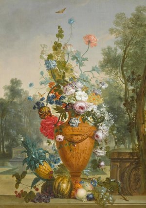 A Vase Of Peonies, Chrysanthemums And A Carnation With Exotic Fruits In A Garden Oil painting by Jacobus Linthorst