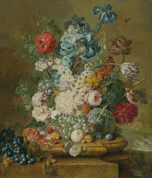 Still Life Of Peonies, Primroses, Irises, Tulips, A Poppy And Other Flowers With Grapes, A Melon, A Pomegranate, Peaches, Plums And Nuts by Jacobus Linthorst Oil Painting