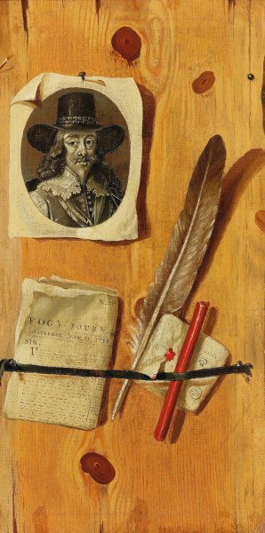 A trompe-l'oeil painting with an engraved portrait of King Charles I, an issue of Fog's Journal, dated 1734, a quill pen and sealing wax, held against a wooden backboard by Jacobus Plasschaert Oil Painting
