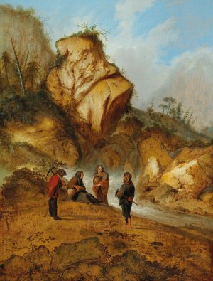 A rocky landscape with miners at a waterfall by Jacobus Sibrandi Mancadan Oil Painting