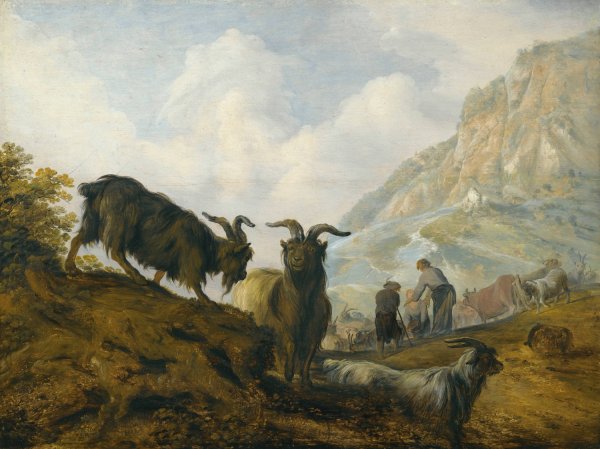 Main Product Photo of Goats On A Hillside With Herders Beyond Painting by Jacobus Sibrandi Mancadan