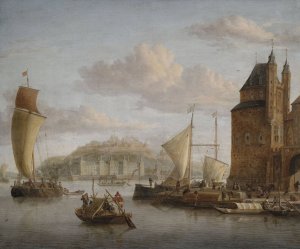 NOrdlicher Hafen an einem Schloss mit zahlreichen Lastbooten und Kaufleuten by Jacobus Storck Oil Painting