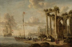 Seaside landscape with ancient ruins on the coast by Jacobus Storck Oil Painting