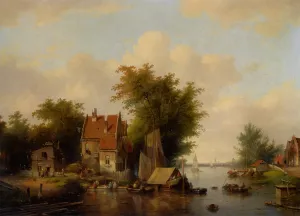 A River Landscape with Many Figures by a Village by Jacobus Van Der Stok Oil Painting