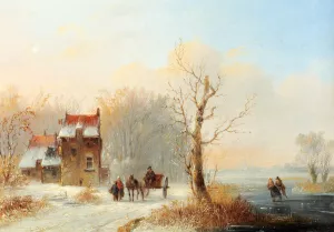 A Winter Landscape with Skaters on a Frozen Waterway and a Horse-Drawn Cart on a Snow-Covered Track painting by Jacobus Van Der Stok