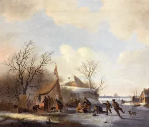 Figures on the Ice by Jacobus Van Der Stok Oil Painting