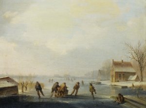 Skaters on a Frozen Waterway by Jacobus Van Der Stok Oil Painting