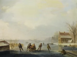 Skaters on a Frozen Waterway painting by Jacobus Van Der Stok