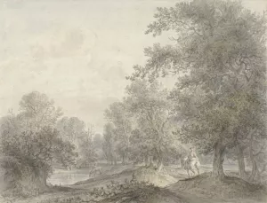 Boslandschap met ruiter en vijver Oil painting by Jacobus Versteegen