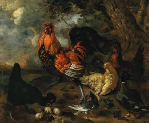 A cockerel, fowl and poultry in a landscape by Jacobus Victors Oil Painting