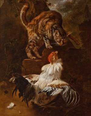 Fight of a Cock and a Cat by Jacobus Victors Oil Painting