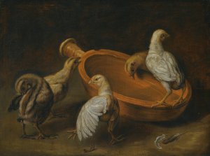 Five Chicks Assembled Around A Bowl Of Water by Jacobus Victors Oil Painting