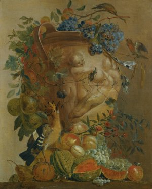 A Still Life Of Melons, Grapes, Peaches And Other Fruits In A Stone Urn With Birds by Jacobus Vonck Oil Painting