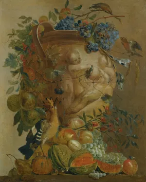 A Still Life Of Melons, Grapes, Peaches And Other Fruits In A Stone Urn With Birds by Jacobus Vonck Oil Painting