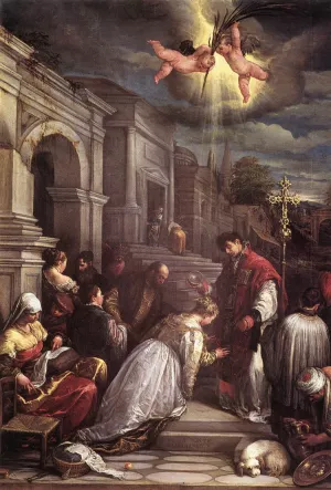 St Valentine Baptizing St Lucilla by Jacopo Bassano Oil Painting