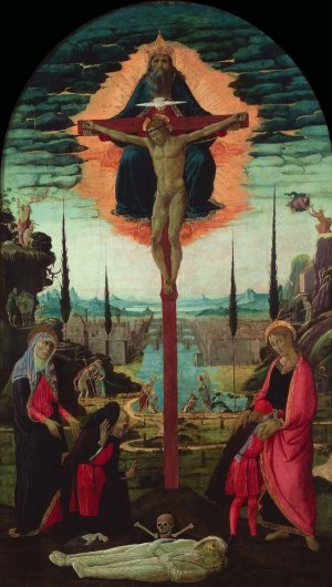 Votive Altarpiece- the Trinity, the Virgin, St. John and Donors by Jacopo Del Sellaio Oil Painting