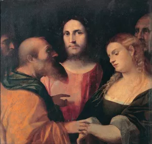 Jesus and the woman taken in adultery  by Jacopo Palma Il Vecchio Oil Painting