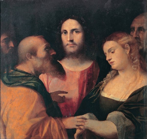 Main Product Photo of Jesus and the woman taken in adultery   Painting by Jacopo Palma Il Vecchio