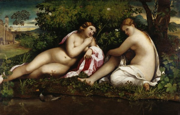 Main Product Photo of Two Nymphs at Rest  Painting by Jacopo Palma Il Vecchio