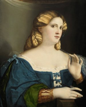 Young Woman in a Blue Dress, with Fan by Jacopo Palma Il Vecchio Oil Painting