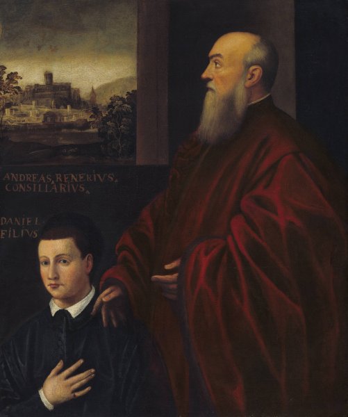 Main Product Photo of Andrea Renier and His Son Daniele  Painting by Jacopo Tintoretto (Follower)