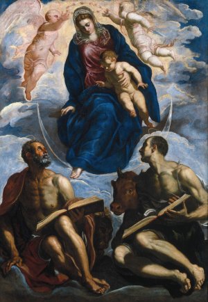 Mary with the Child, Venerated by St. Marc and St. Luke by Jacopo Tintoretto Oil Painting