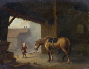 Boy with a Horse in a Stable by Jacques Albert Senave Oil Painting