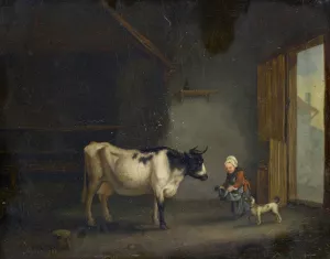 Girl with Cow in a Stable by Jacques Albert Senave Oil Painting